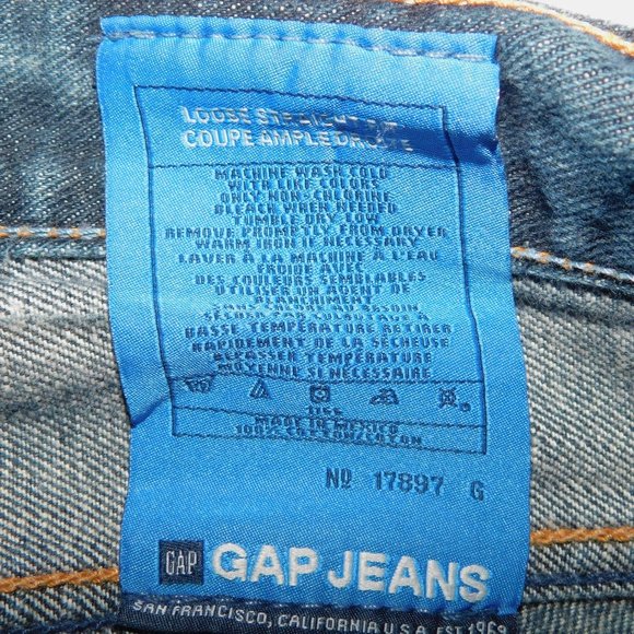 GAP 1969 Mens 32 x 28 Button Fly Loose Straight Fit Dark Worn Blue Jeans *READ* - Picture 3 of 9